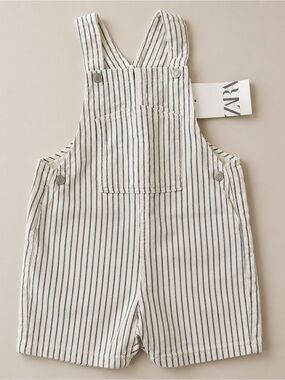 Zara Cream and Navy Striped Cotton Overalls